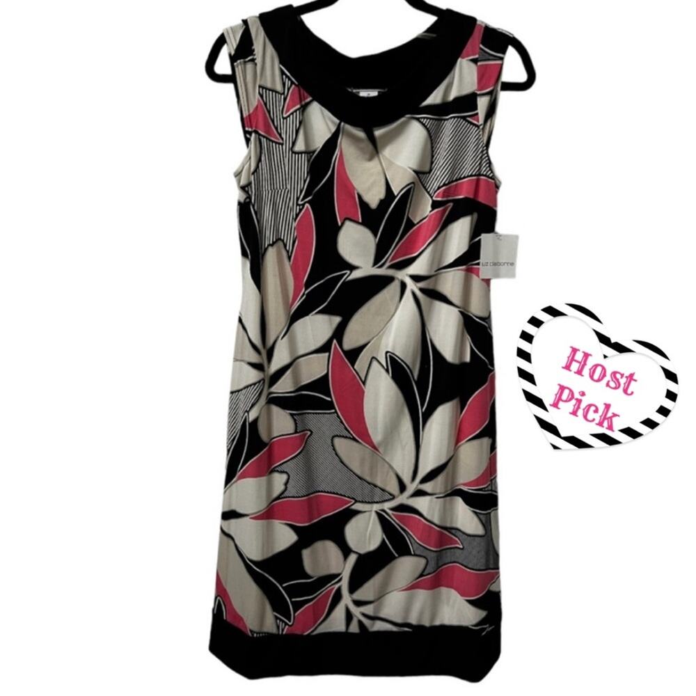 Liz Claiborne Women’s Black Pink Floral Dress Round Neckline 10 NEW